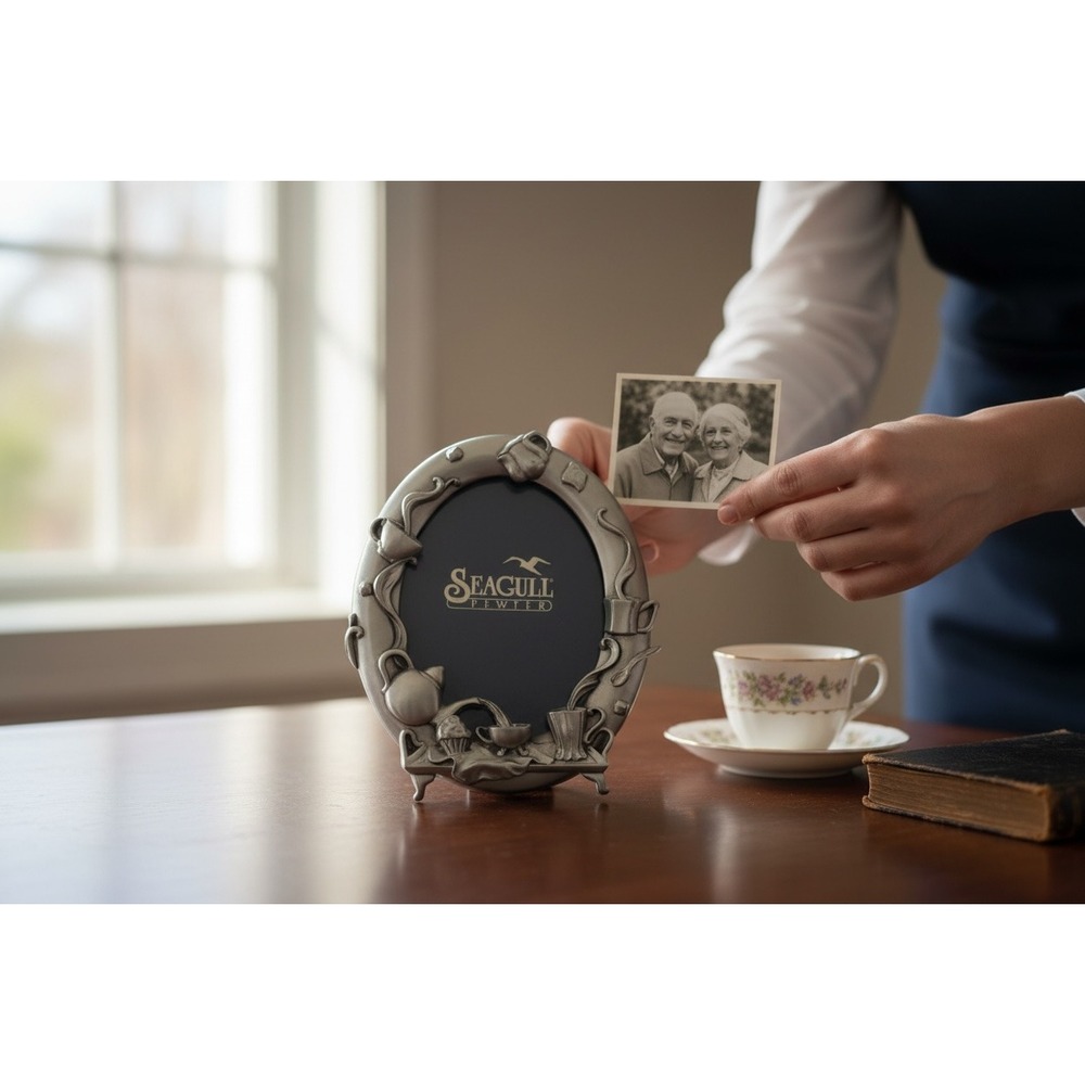 Seagull‎ Pewter Tea Time Picture Frame 4x3" Vintage Whimsical TeaPot  Cottagcore